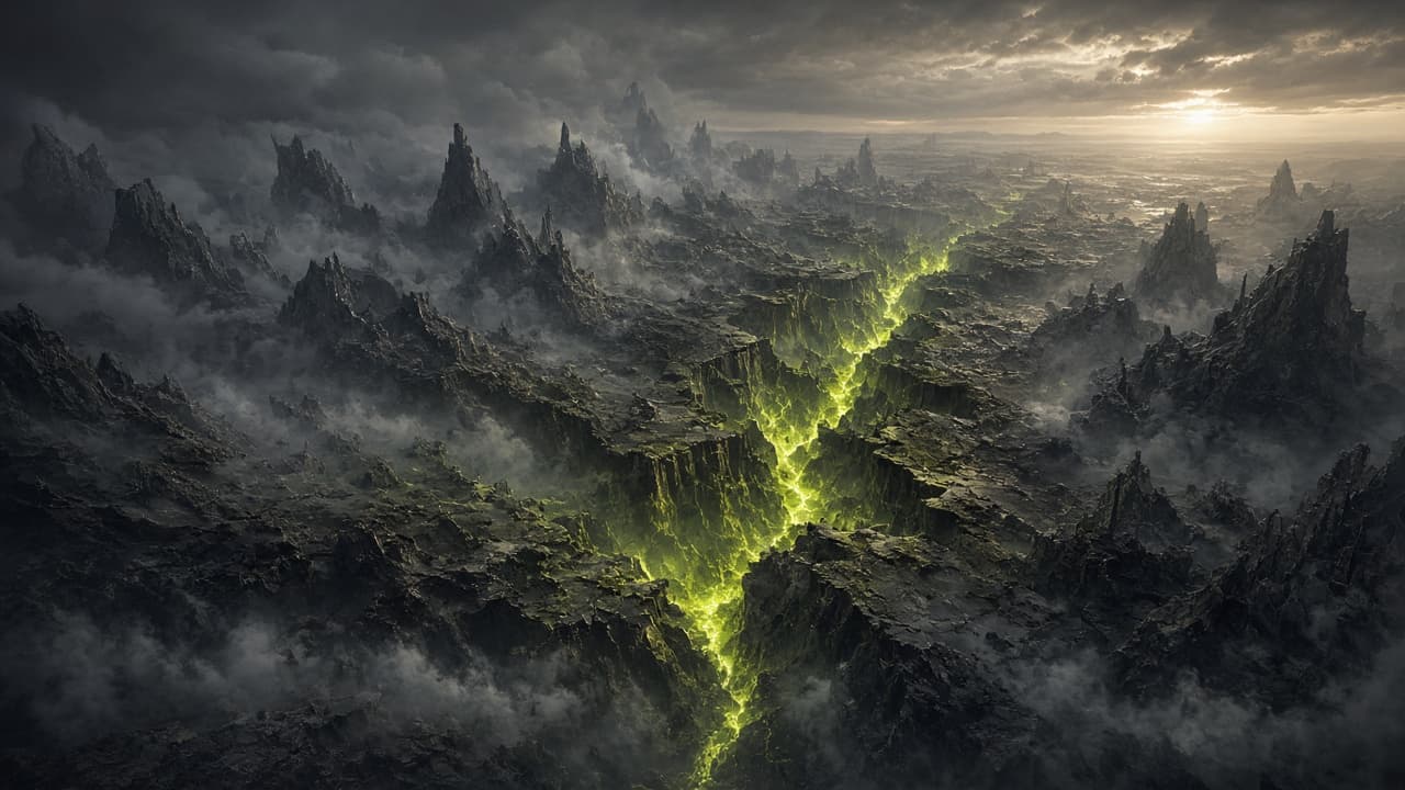 Aerial view of a fractured alien continent split by a glowing lime canyon, with ruined city fragments in the fog.