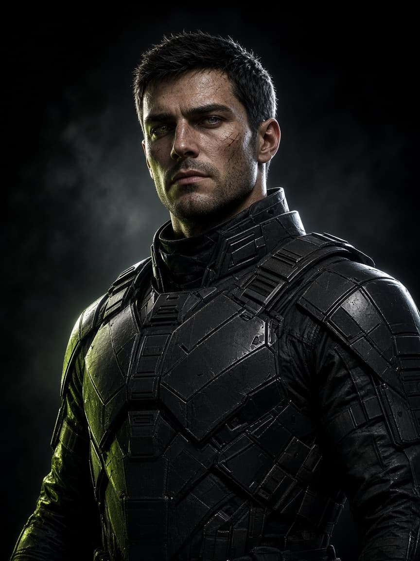 Portrait of Kael Voss in matte black tactical armor, visor raised, lit by a faint lime rim light.