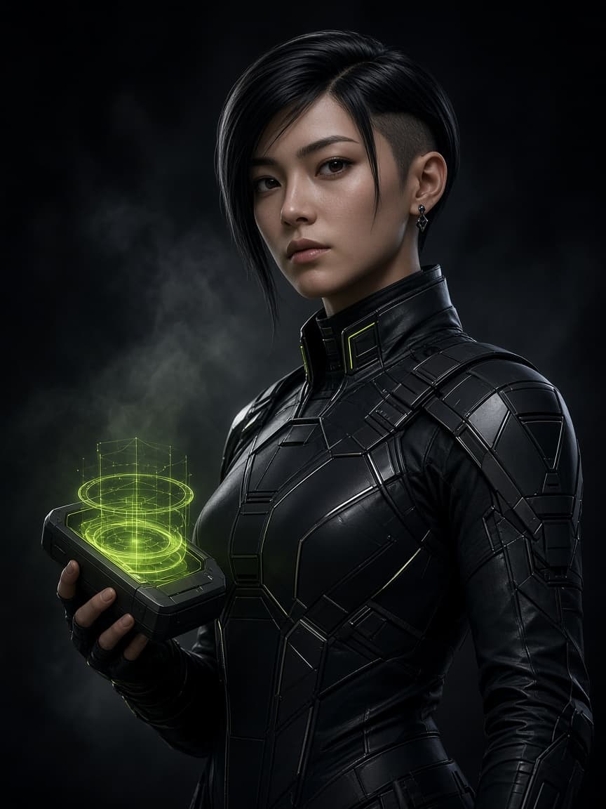 Portrait of Nyra Chen in dark technical armor, holding a compact device emitting a faint lime glow.
