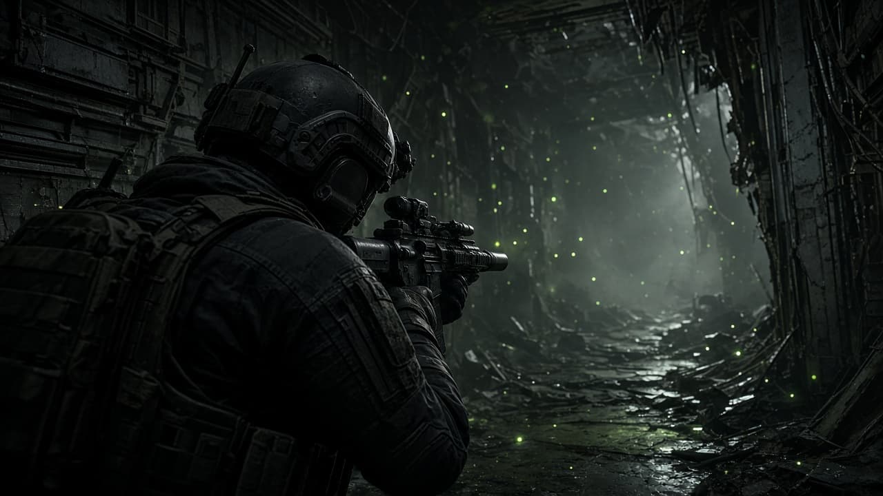 Over-the-shoulder view of a recon operator aiming down a ruined metallic corridor filled with dust and fog.