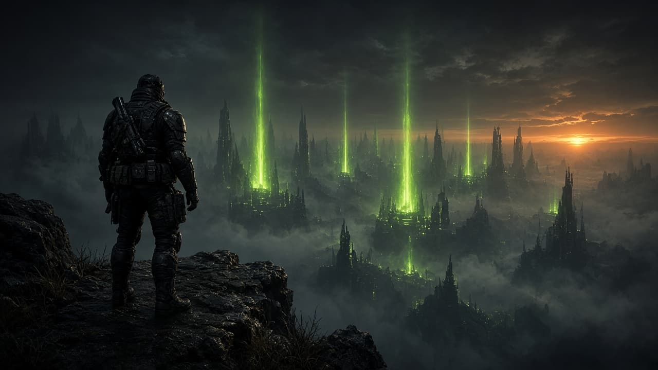 A lone recon operator stands on a shattered cliff overlooking a fog-choked alien megacity lit by distant energy pillars.
