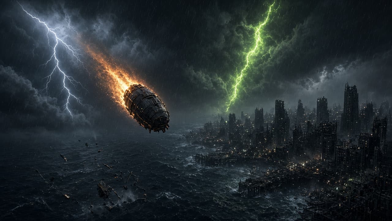 An orbital drop pod tearing through storm clouds above a ruined coastal megacity.