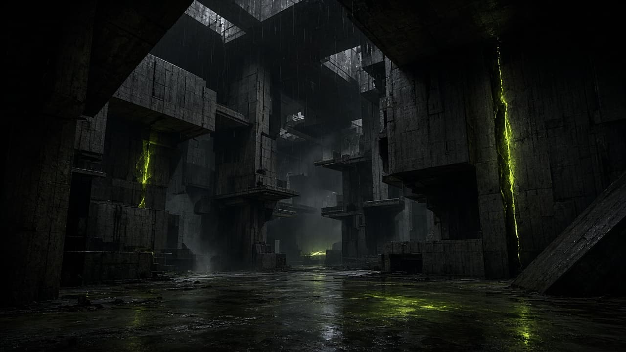 A vast abandoned industrial megastructure with acid-green light leaking through cracked concrete.